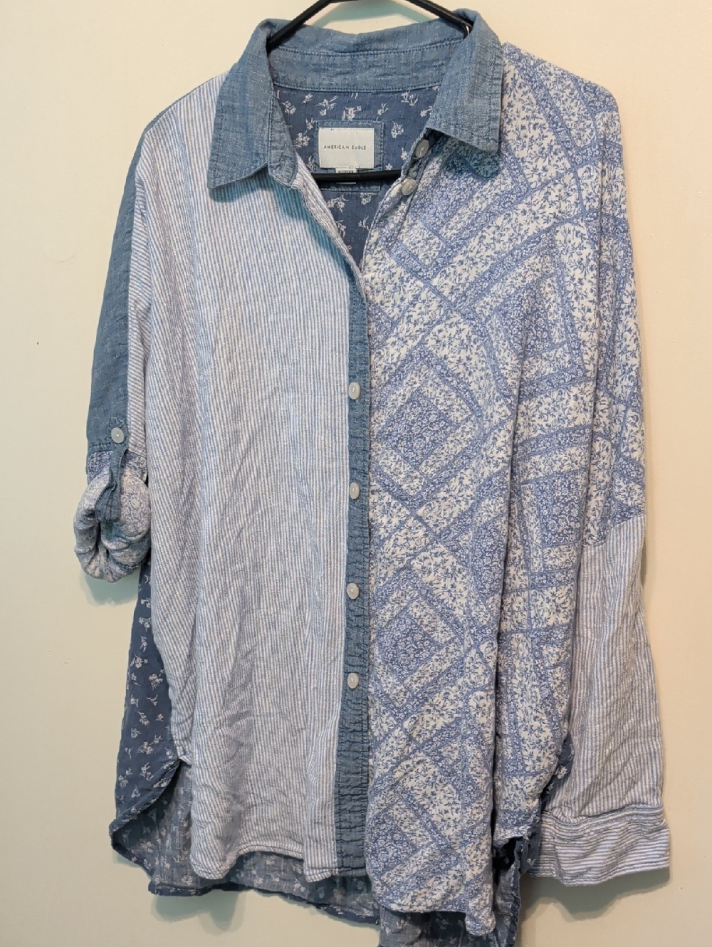 American Eagle Patchwork XS  Oversized Blue Button Down Women's Cottage Core